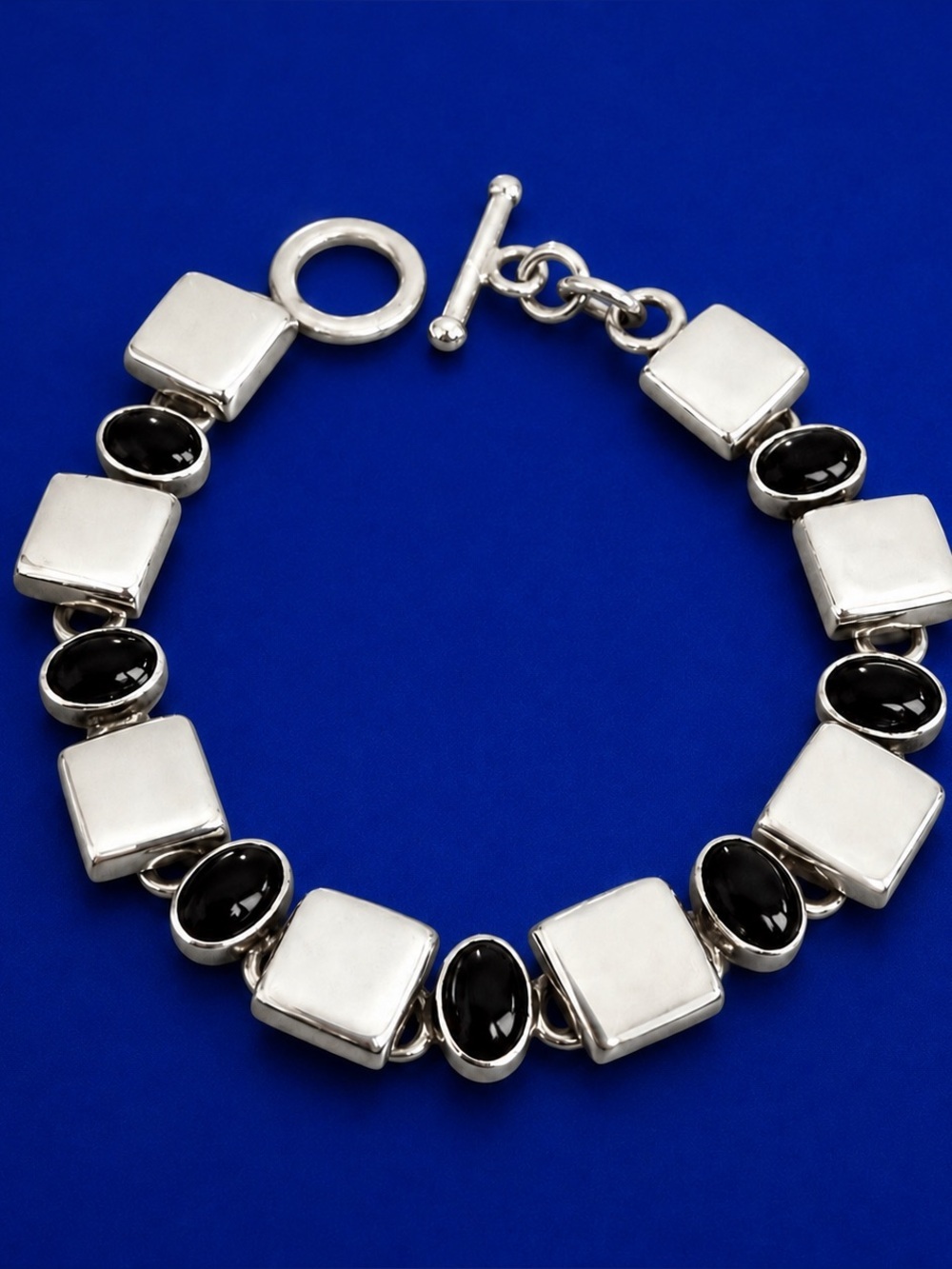 Vintage Taxco Mexico Sterling Silver Onyx Toggle Bracelet